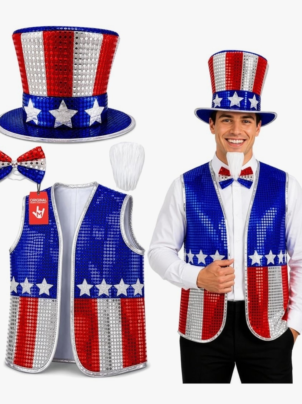 Patriotic Sequin Top Hat & Vest Set - Stars & Stripes Red/Blue/White One Size